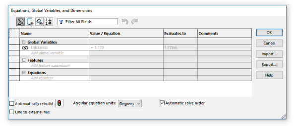 Equations interface displaying the toolbars and Filter All Fields browser with table below having 4 columns for Name, Value/Equation, Evaluates to and Comments. On the right are 5 command buttons.