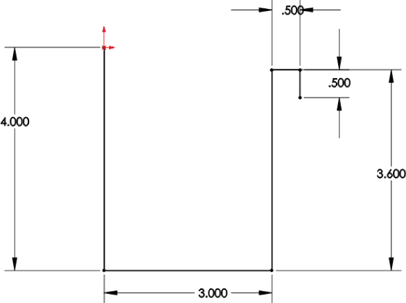 Schematic of Base Flange method sheet metal part, illustrated by connected lines with arrows labeled 4.000, 3.000, 3.600, .500, and .500, depicting its dimensions.