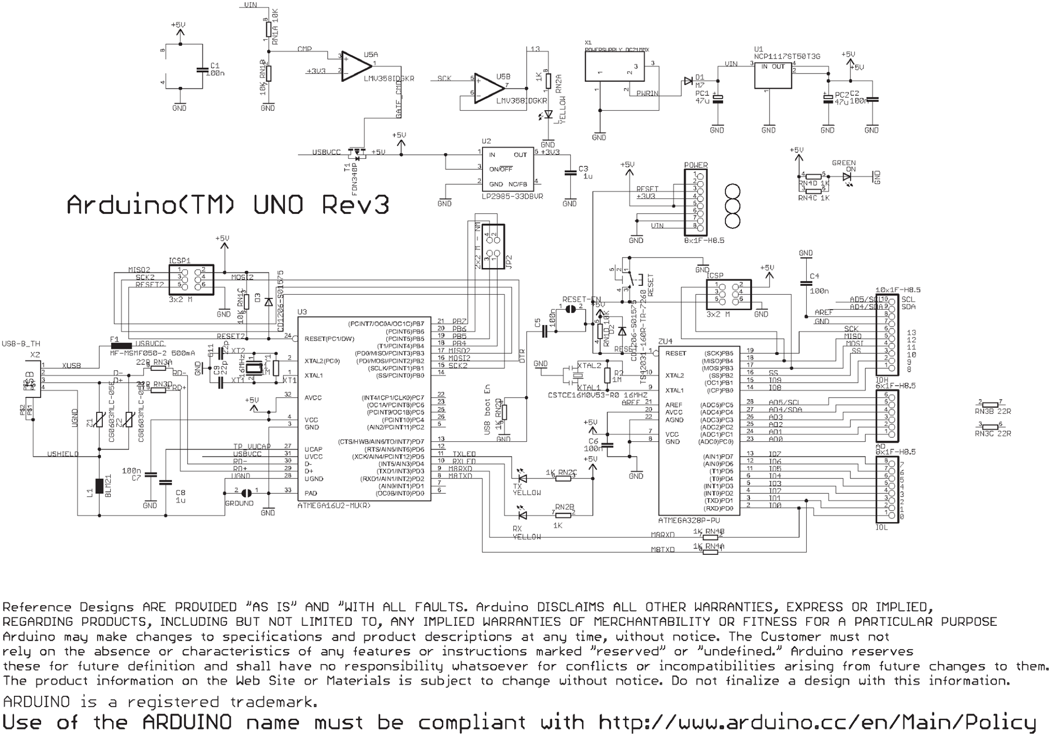 Schematic illustration of the Arduino Uno Rev3 depicting the main ATmega328P MCU (Part ZU4) and all the breakout pins.