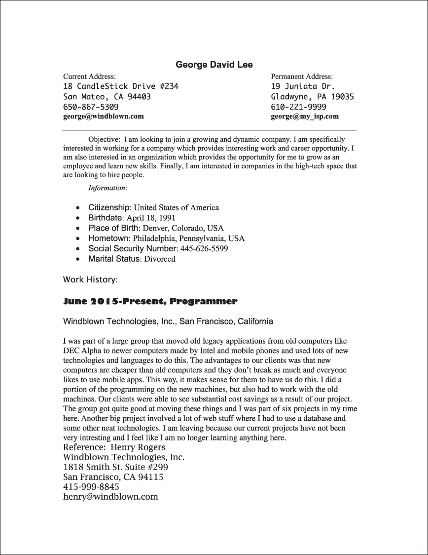 Illustration showing the sample technical résumé of a person, Lee, giving his personal details.