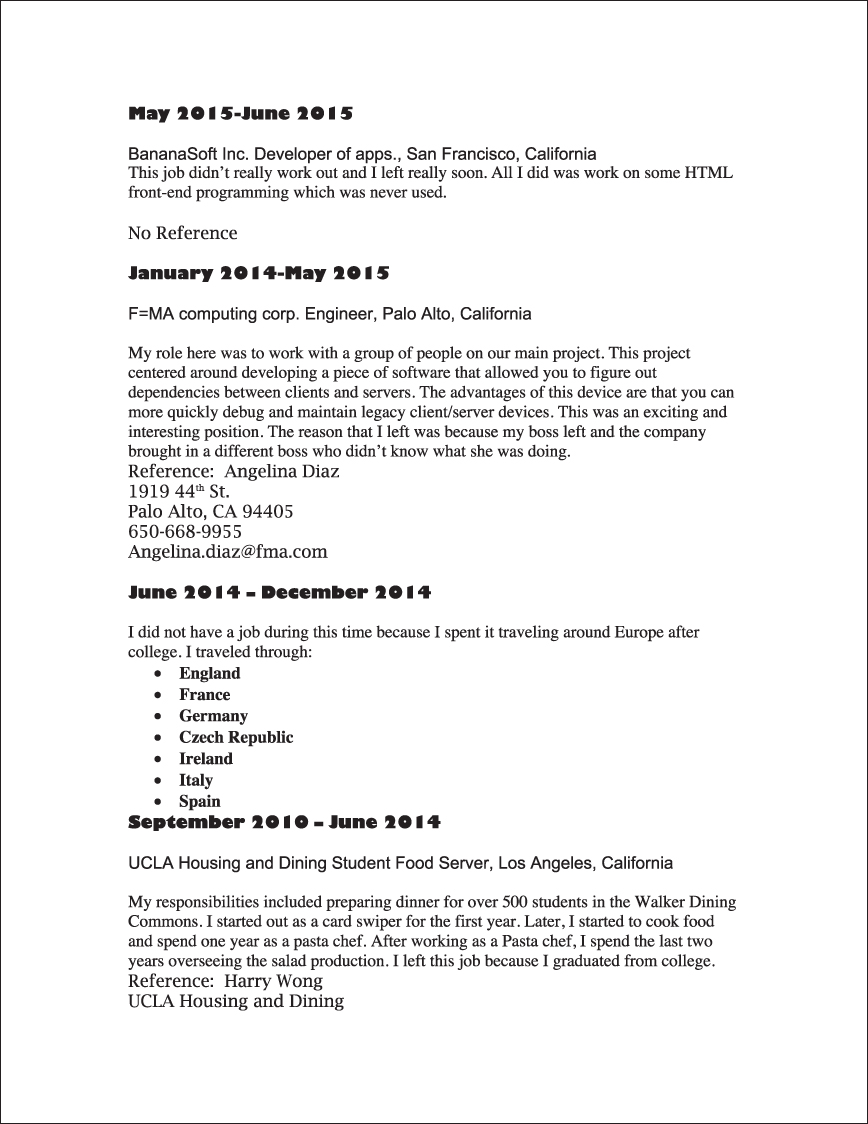 Illustration showing the sample technical résumé of the person, Lee, giving his work history.