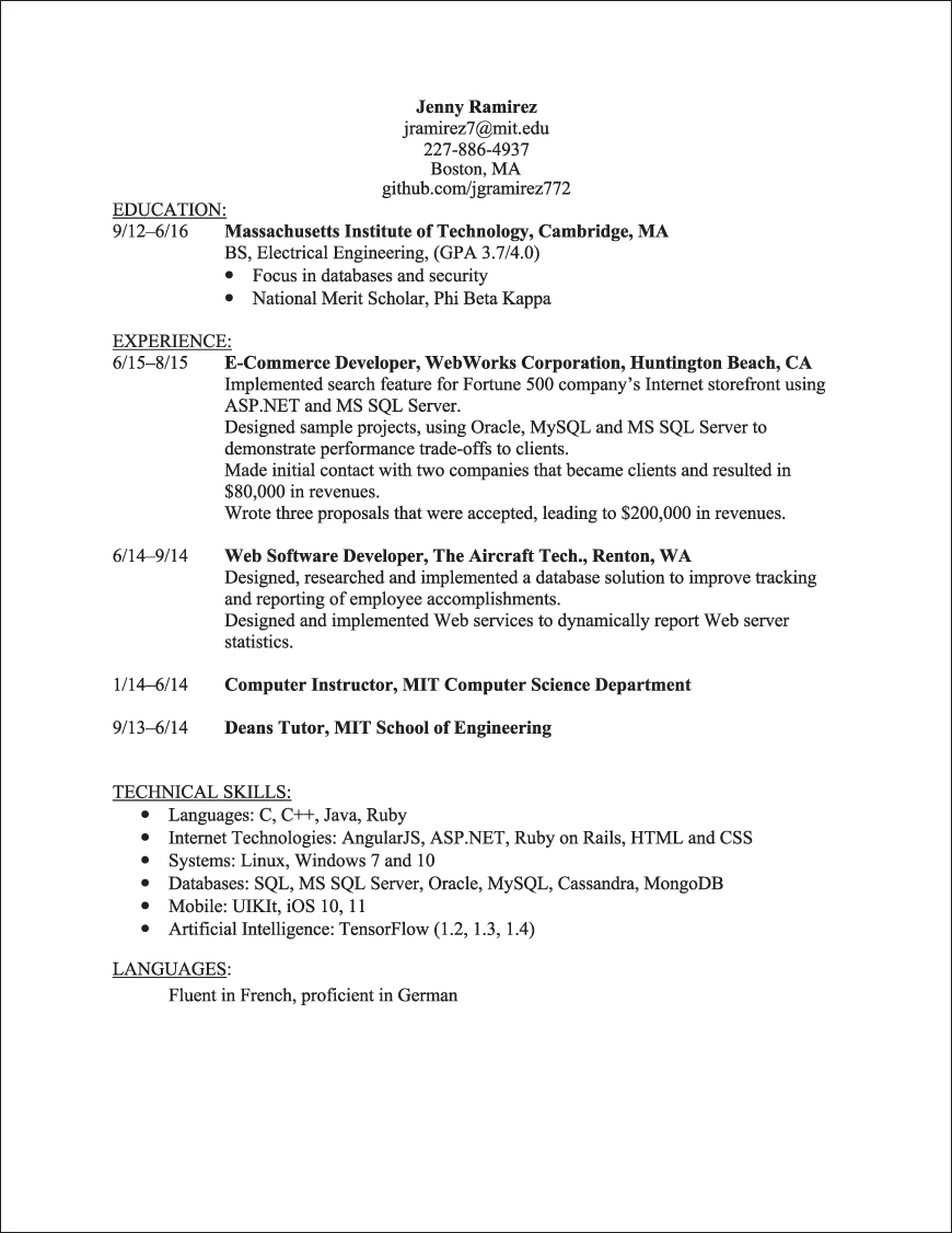 Illustration showing the résumé of a person, Jenny Ramirez.