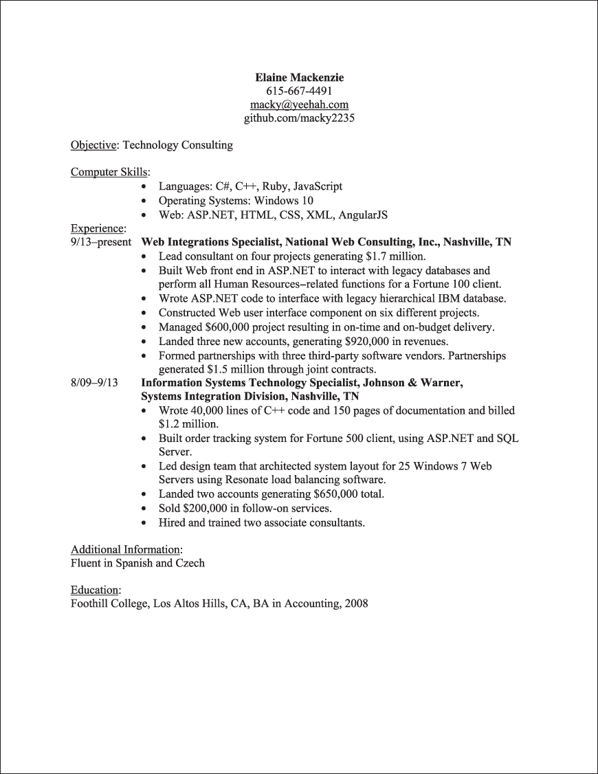 Illustration showing the résumé of a person, Elaine Mackenzie.