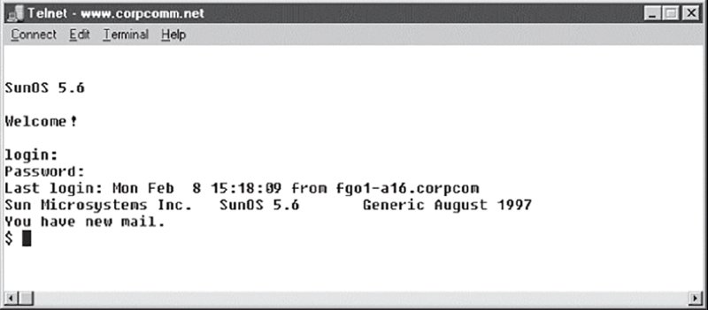 Image shows Telnet utility screen that has “SunOS 5.6 Welcome! Login: password: last login,…”
