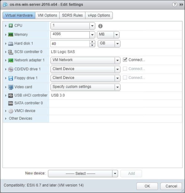 os-ms-win-server-2016-x64 - Edit Settings dialog box with selected Virtual Hardware tab, having Memory sets to 4096 MB, Hard disk 1 sets to 40 GB, Network adapter 1 sets to VM Network, etc.