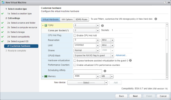 New Virtual Machine dialog box with selected 2f Customize hardware tab, displaying CPU sets to 2, Cores per Socket (*) sets to 2, CPUID Mask sets to Expose the NX/XD flag to guest, and Memory sets to 4096 MB.