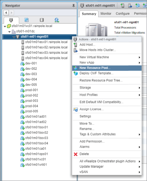 Right-click menu of sfo01-m01-mgmt01 of the Navigator pane, displaying New Resource Pool option selected. Other options being displayed are New Virtual Machine, New vApp, Deploy OVF Template, etc.