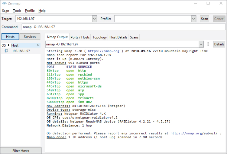 Screenshot displaying the results of the Zenmap GUI scan, after identifying the target and hitting the Scan button.
