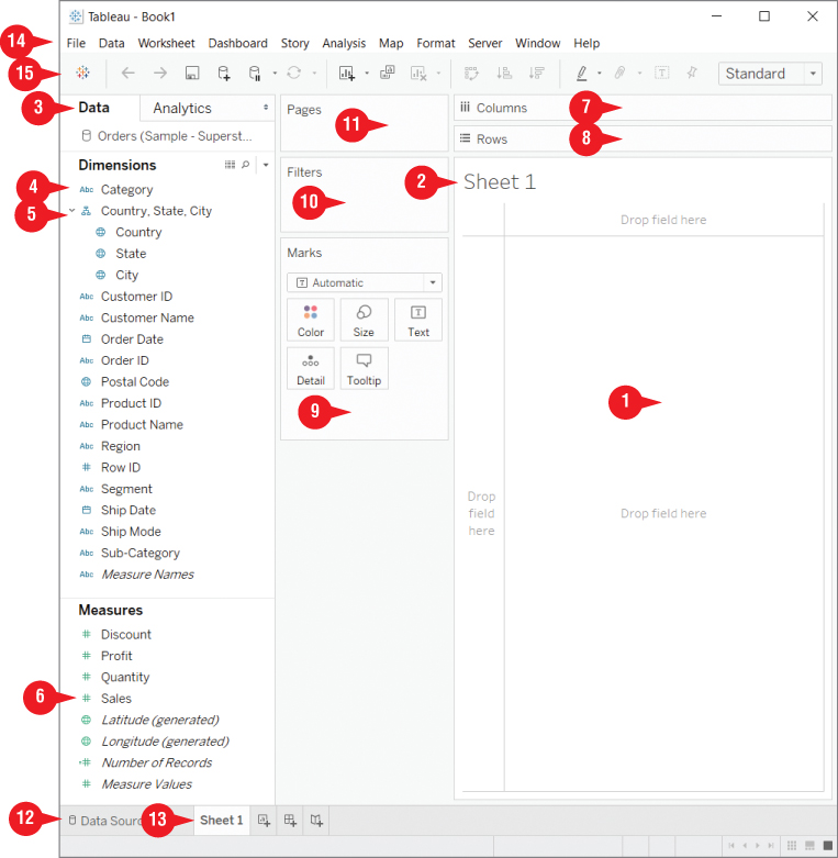 Screenshot of the tableau workspace with a yet-to-be-filled canvas, with menus such as File, Data, Worksheet, Dashboard, Story, Analysis, Map, Format, Server, Window, Help.