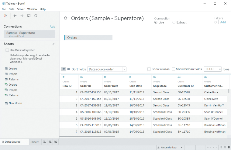 Screenshot of a simple data model containing only the Orders sheet from the Superstore sample dataset.