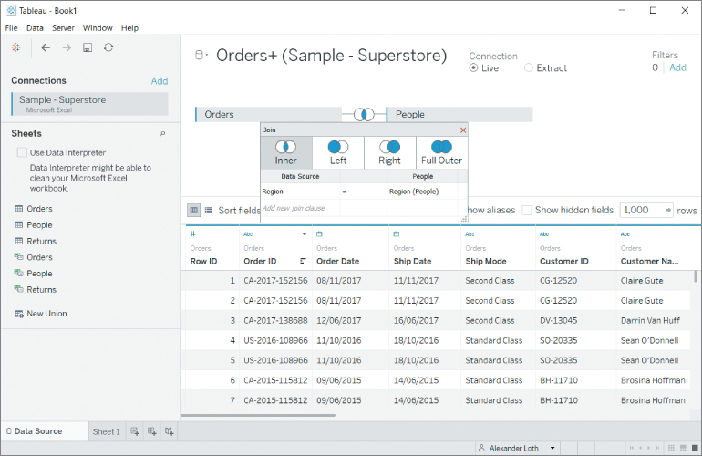 Screenshot of two sheets joined based on the Region key attribute.