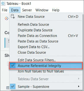 Screenshot of selecting Assume Referential Integrity in the Data menu, with menus such as File, Data, Server, Window, and Help.