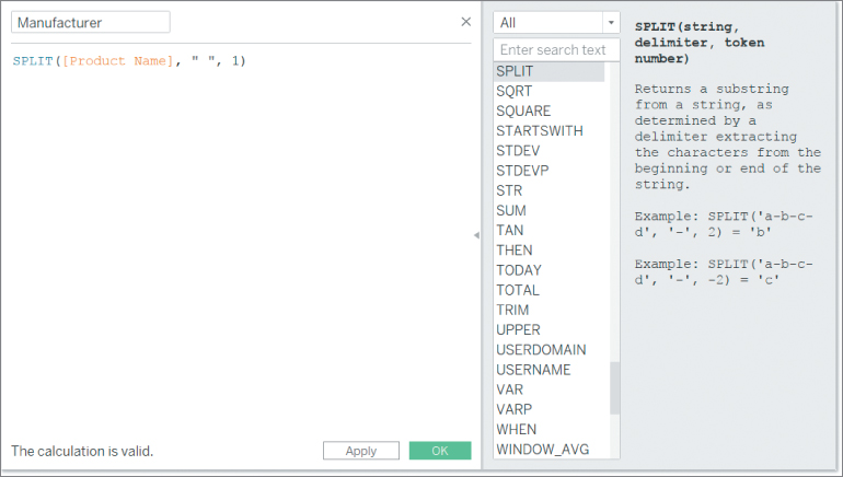Screenshot of Calculation to split off the first word of a string, with options such as manufacturer name, search options, and SPLIT (string, delimiter, token number).
