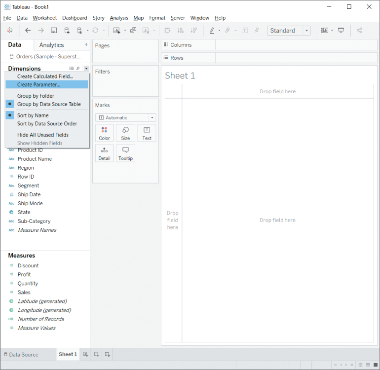Screenshot of The option Create Parameter in the Data pane’s context menu, with menus such as File, Data, Worksheet, Dashboard, Story, Analysis, Map, Format, Server, Window, and Help.