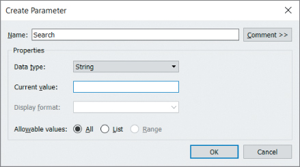 Screenshot of setting up a string parameter with an empty current value, with options such as Name, Properties, Data type, Current value, and Allowable values.