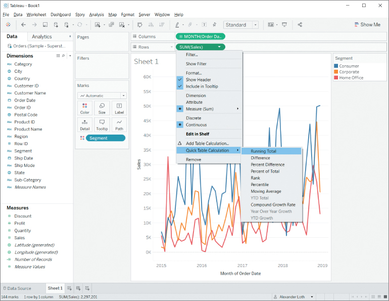 Screenshot of the entry Quick Table Calculation in a measure’s context menu, with menus such as File, Data, Worksheet, Dashboard, Story, Analysis, Map, Format, Server, Window, and Help.