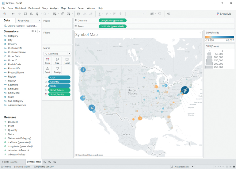 Screenshot of symbol map with differently sized circles, based on the revenue in the different cities.