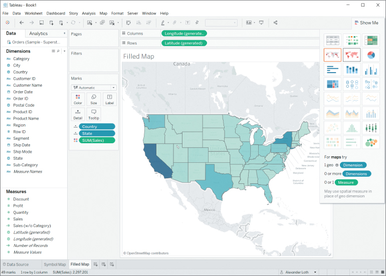 Screenshot of filled map with states shaded according to the sum of sales