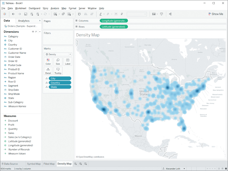 Screenshot of a density map, with menus such as File, Data, Worksheet, Dashboard, Story, Analysis, Map, Format, Server, Window, and Help.