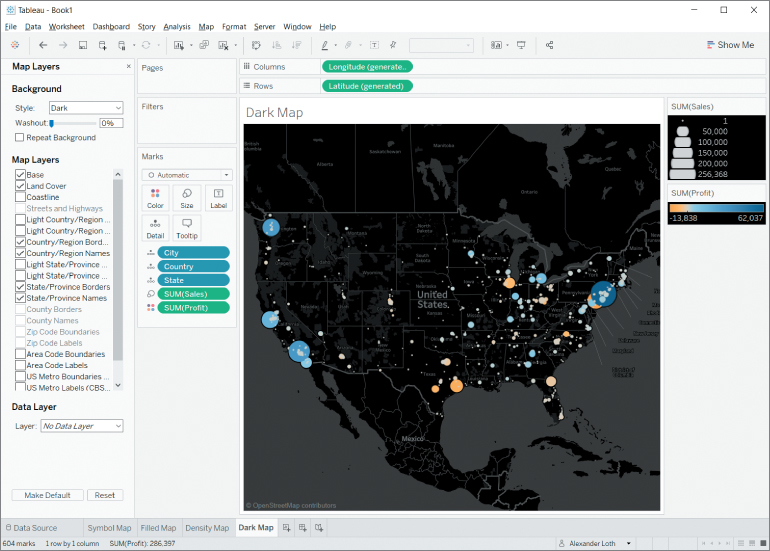Screenshot of map layers pane with the Dark background map style selected, with menus such as File, Data, Worksheet, Dashboard, Story, Analysis, Map, Format, Server, Window, and Help.