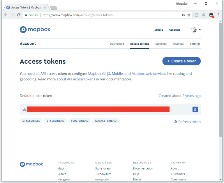 Screenshot of Mapbox website with access token, with menus such as Account, Dashboard, Access tokens, Statistics, Invoices, and Settings.