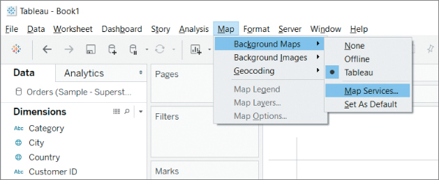 Screenshot of map services that are set up via the Background Maps submenu, with menus such as File, Data, Worksheet, Dashboard, Story, Analysis, Map, Format, Server, Window, and Help.