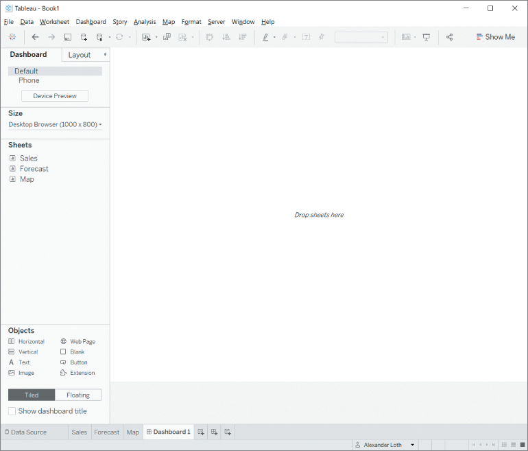 Screenshot of a blank dashboard, with menus such as File, Data, Worksheet, Dashboard, Story, Analysis, Map, Format, Server, Window, and Help.