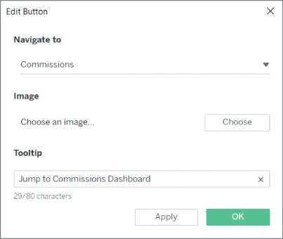 Screenshot of Edit Button dialog box, with options such as Navigate to, Image, Tooltip.