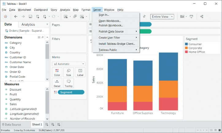 Screenshot of publishing a dashboard via the Server menu, with menus such as File, Data, Worksheet, Dashboard, Story, Analysis, Map, Format, Server, Window, and Help.