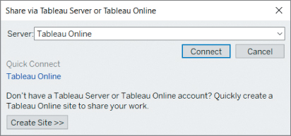 Screenshot of connecting to Tableau Online or Tableau Server, with options such as Server, Tableau online, and Create site.