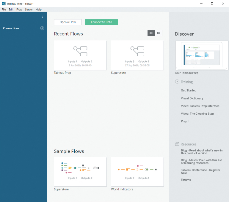 Screenshot of tableau desktop start screen with options such as Recent flows, Sample flows, Discover.