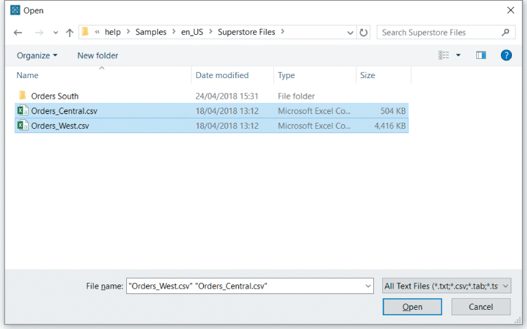 Screenshot of how multiple files are selected in the Open dialog, with options such as folder name, date modified, type, and size.
