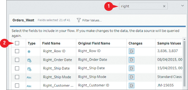 Screenshot of using search to eliminate multiple fields, with displayed table having headers such as Type, Field Name, Original Field Name, Changes, and Sample Values.