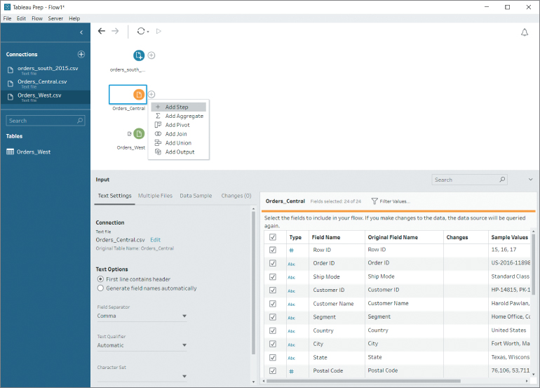 Screenshot of adding a cleaning step to a flow, with options such as Input, Connections, Text Options, and a table in the display pane with headers type, field name, original field name, changes, and sample values.