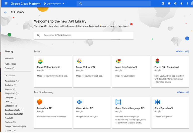 This figure is in continuation with the previous figure. It displays a form showing a list of services that can have their APIs enabled. This form is obtained by selecting APIs & Services from the main console menu and clicking the Enable APIs and Services link.