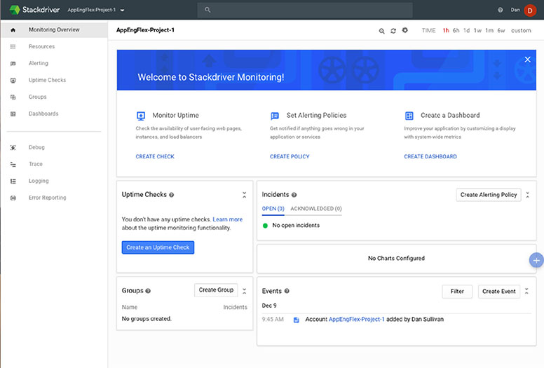 The image shows the main Stackdriver dashboard. At the top of the dashboard, the name of the current project is displayed.