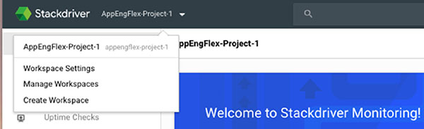 This image is in continuation with the previous image and displays administrative functions for managing Stackdriver workspaces by clicking the dropdown icon next to the name of the project.