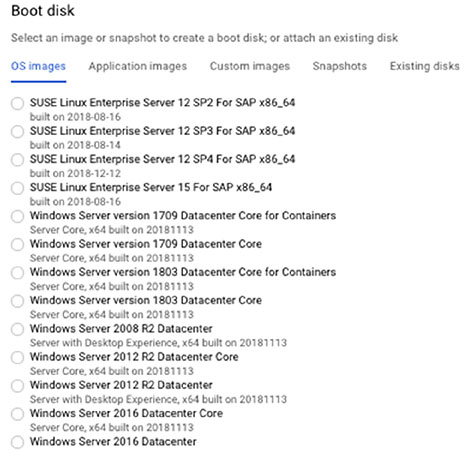 The illustration shows a subset of operating system images available in Compute Engine.