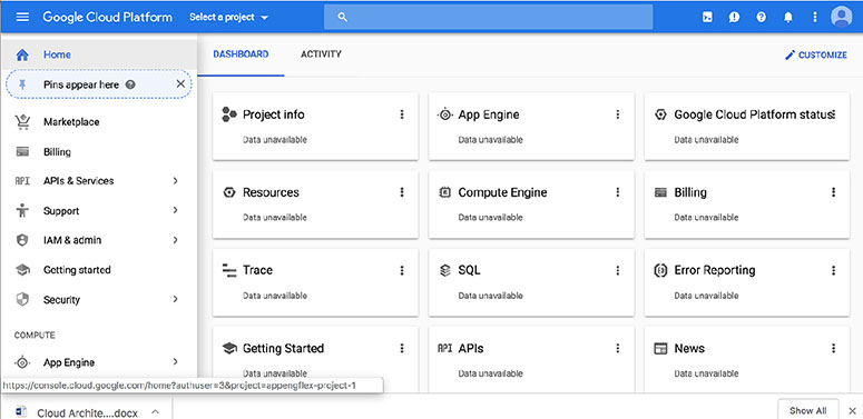 The figure shows an example of the main form of Google Cloud Console.