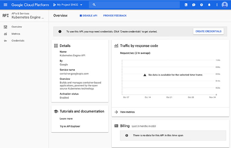 The illustration shows an example of the overview page of the Kubernetes Engine section of Cloud Console.