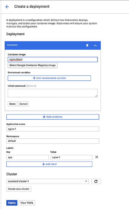 The illutration explains that the “create deployment” option provides a form to specify a container to run and an initial command to start the application running.