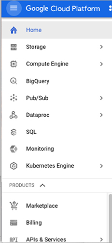 The image displays a list of GCP services available in Navigation menu in Google Cloud Console.