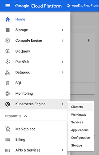 The figure explains how to select Kubernetes engine from the Navigation menu.