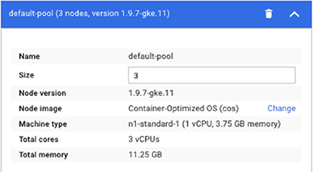 The image displays details of a node pool in Cloud Console, which include the name, size, node image, machine type, and other information about the cluster.