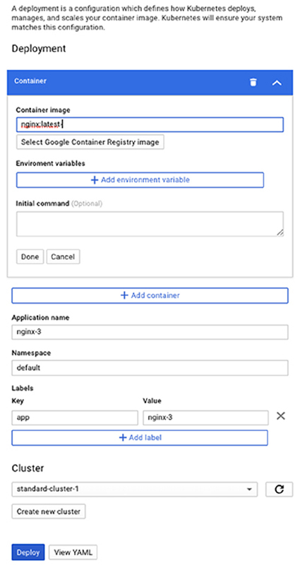 The figure displays a sample form to specify a new deployment for a service. In the Container Image parameter, the users can specify the name of an image or select one from the Google Container Repository. To specify a name directly, specify a path to the image using a URL. The users can also specify labels, the initial command to run, and a name for the application.