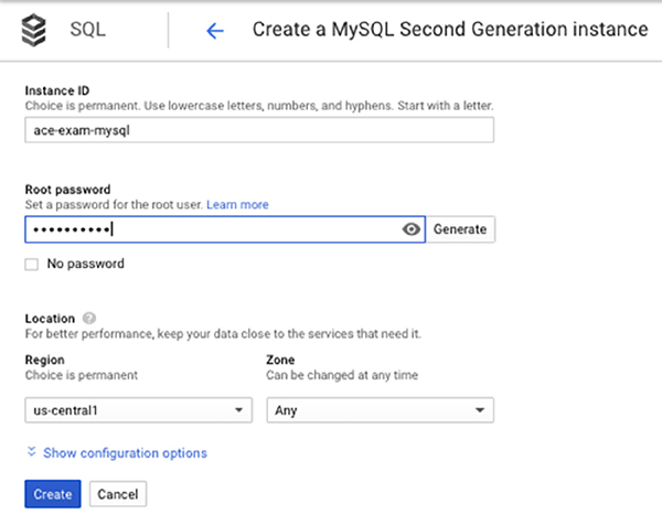 The illustration explains the steps to be followed when creating an MySQL Second Generation instance. The steps include: providing an instance ID, root password, and location.