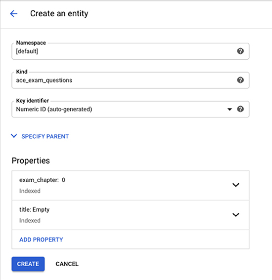 The image shows steps required for adding data to a datastore entity. It provides the need to specify namespace, kind, and key identifier. It also has a separate section called “Properties” with two more options under it.