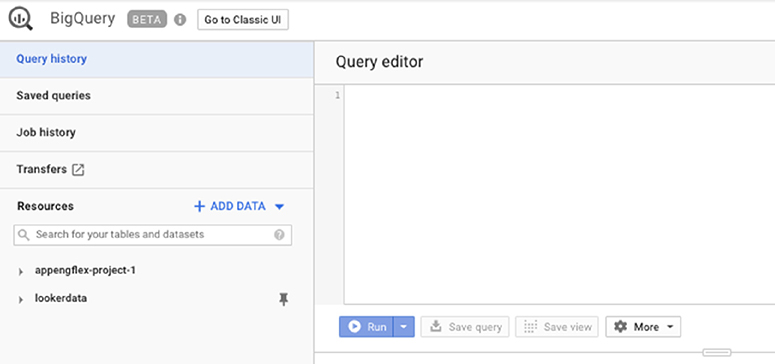 The illustration shows the BigQuery user interface, in which the interface is a beta version of the new interface. 