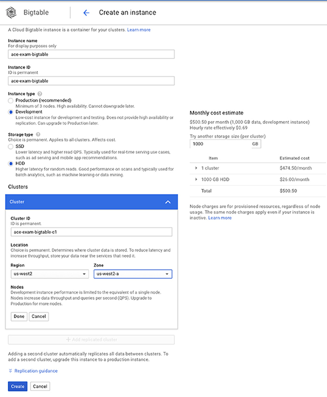 The illustration shows necessary steps in creating a Bigtable instance. The steps include providing an instance name, instance ID, choosing between production and development, and choosing either SSD or HDD. It also has a separate section labeled “clusters” with the following contents: cluster ID, location, and nodes. 