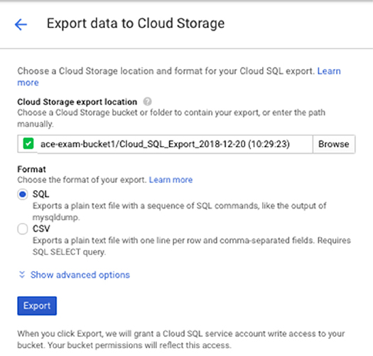 The illustration explains that exporting a database requires a bucket to store the export file and a file format specification.